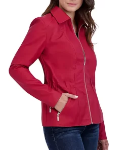 womens-red-faux-leather-shirt-collar-biker-jacket
