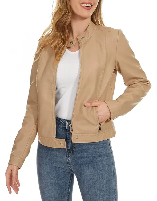 womens-snap-button-collar-khaki-faux-leather-jacket