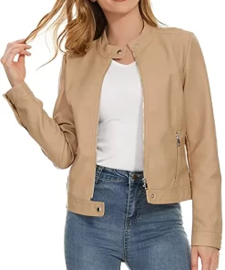 womens-snap-button-collar-khaki-faux-leather-jacket