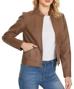 womens-stand-collar-brown-faux-leather-slim-fit-jacket