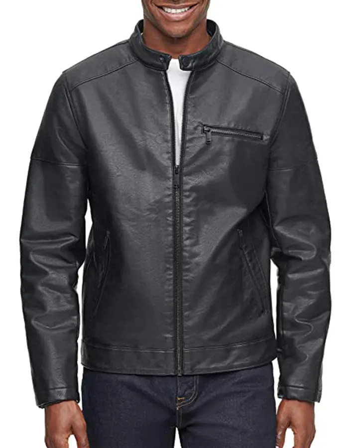 mens-banded-collar-black-faux-leather-racer-jacket-1 mens-banded-collar-black-faux-leather-racer-jacket