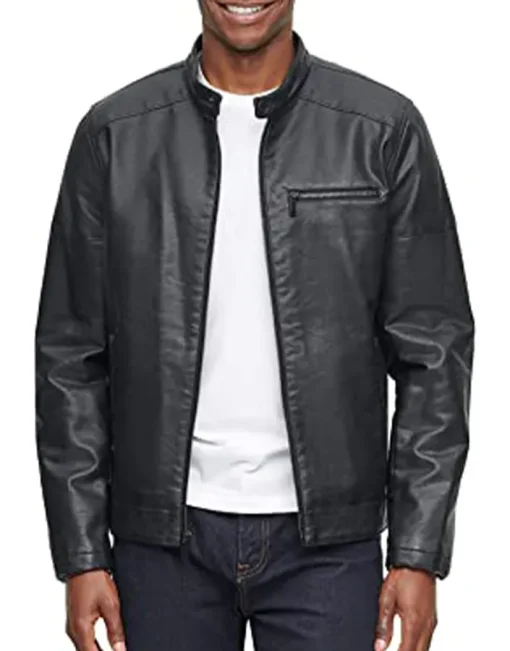 mens-banded-collar-black-faux-leather-racer-jacket