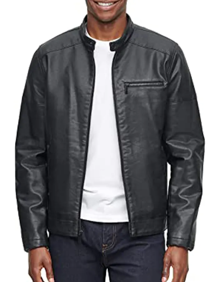 mens-banded-collar-black-faux-leather-racer-jacket-3 mens-banded-collar-black-faux-leather-racer-jacket
