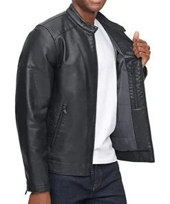 mens-banded-collar-black-faux-leather-racer-jacket