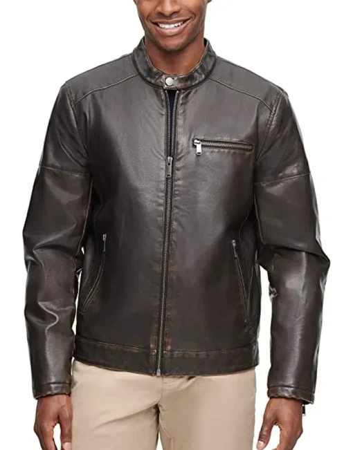 mens-banded-collar-brown-faux-leather-racer-jacket