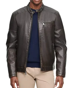 mens-banded-collar-brown-faux-leather-racer-jacket