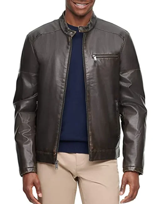 mens-banded-collar-brown-faux-leather-racer-jacket