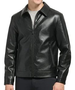mens-black-shirt-collar-faux-leather-jacket