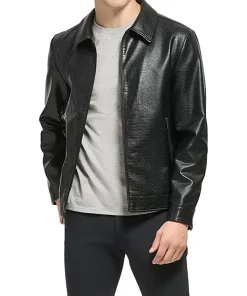 mens-black-shirt-collar-faux-leather-jacket