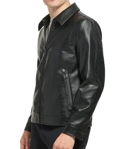 mens-black-shirt-collar-faux-leather-jacket