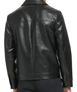 mens-black-shirt-collar-faux-leather-jacket
