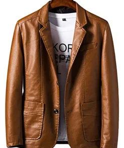 mens-brown-faux-leather-two-button-blazer