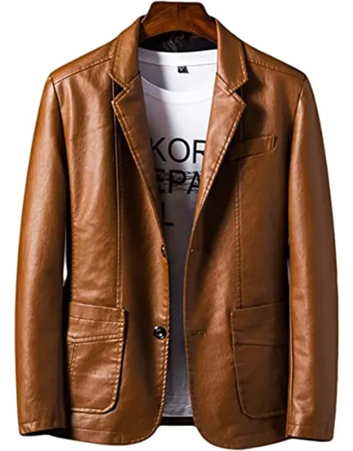mens-brown-faux-leather-two-button-blazer