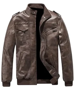 mens-brown-faux-leather-zip-up-bomber-jacket