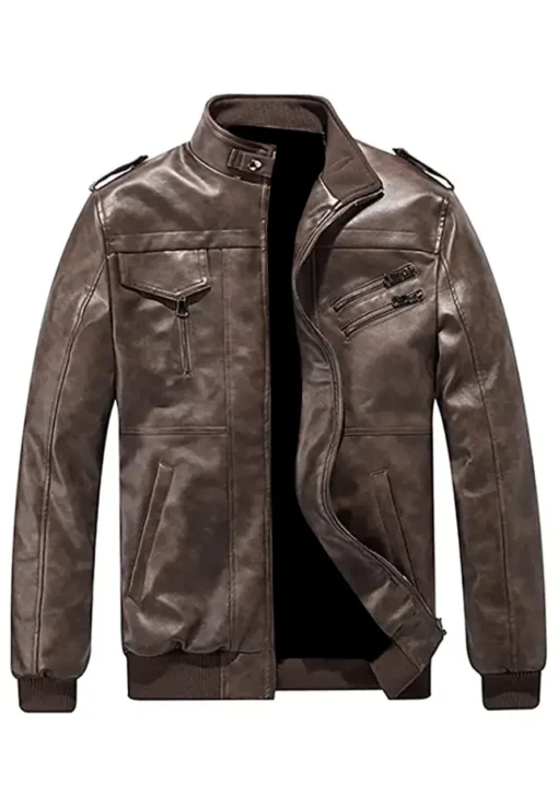 mens-brown-faux-leather-zip-up-bomber-jacket