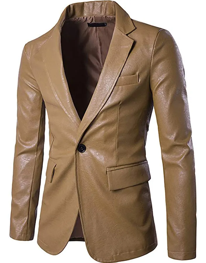 mens-casual-slim-fit-faux-leather-khaki-brown-blazer-1 mens-casual-slim-fit-faux-leather-khaki-brown-blazer