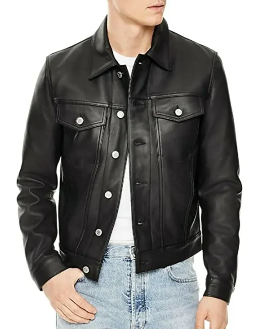 mens-classic-slim-fit-black-faux-leather-trucker-jacket