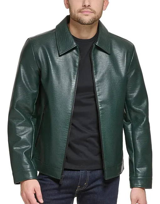 mens-dark-green-shirt-collar-faux-leather-jacket