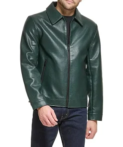 mens-dark-green-shirt-collar-faux-leather-jacket