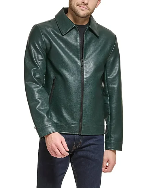 mens-dark-green-shirt-collar-faux-leather-jacket