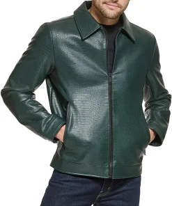 mens-dark-green-shirt-collar-faux-leather-jacket