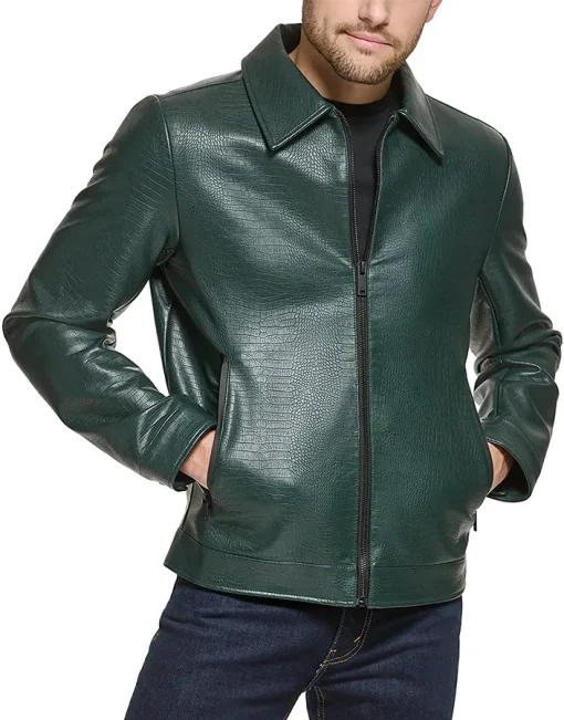 mens-dark-green-shirt-collar-faux-leather-jacket