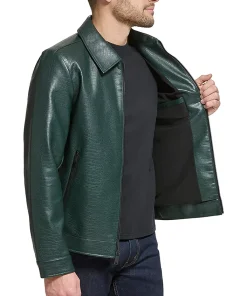 mens-dark-green-shirt-collar-faux-leather-jacket