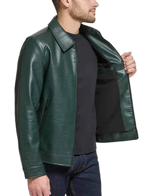 mens-dark-green-shirt-collar-faux-leather-jacket