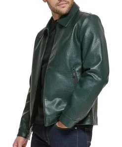 mens-dark-green-shirt-collar-faux-leather-jacket