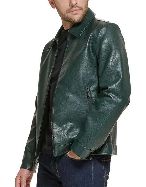 mens-dark-green-shirt-collar-faux-leather-jacket