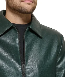 mens-dark-green-shirt-collar-faux-leather-jacket