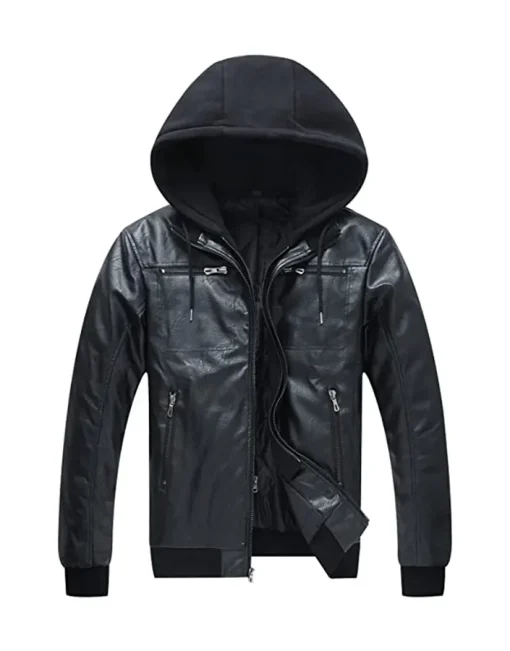 mens-full-zip-black-faux-leather-hooded-biker-jacket