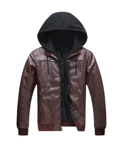 mens-full-zip-coffee-brown-faux-leather-hooded-biker-jacket
