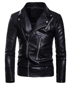 mens-multi-zipper-pockets-black-faux-leather-belted-jacket