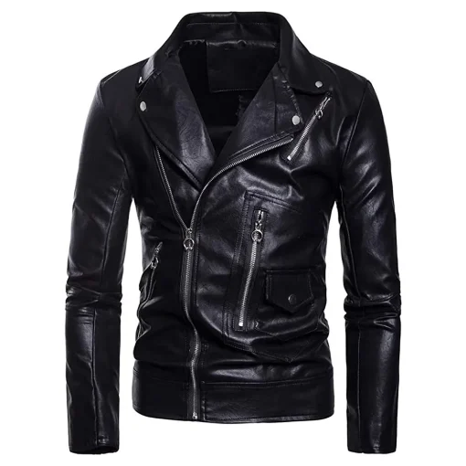 mens-multi-zipper-pockets-black-faux-leather-belted-jacket