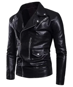 mens-multi-zipper-pockets-black-faux-leather-belted-jacket