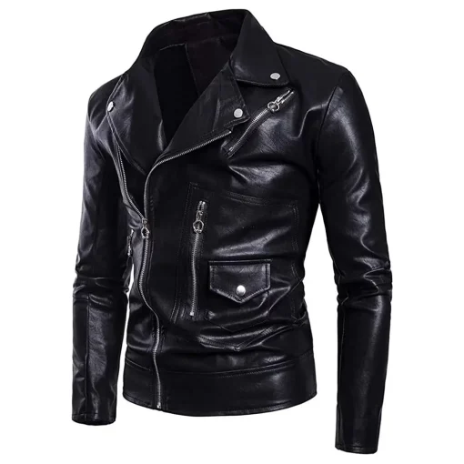 mens-multi-zipper-pockets-black-faux-leather-belted-jacket