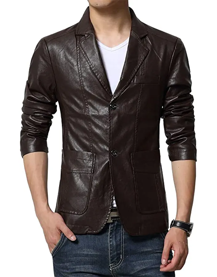 mens-slim-fit-brown-faux-leather-blazer-1 mens-slim-fit-brown-faux-leather-blazer