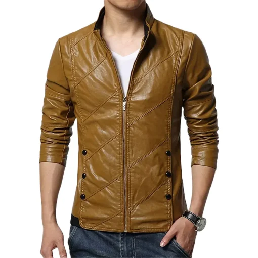 mens-slim-fit-stand-collar-brown-faux-leather-jacket