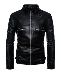 mens-stand-collar-black-faux-leather-metal-ring-jacket