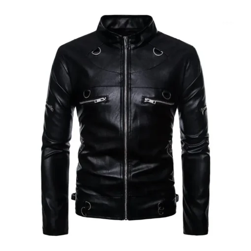 mens-stand-collar-black-faux-leather-metal-ring-jacket