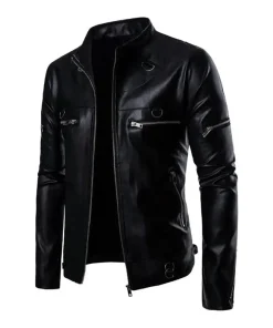 mens-stand-collar-black-faux-leather-metal-ring-jacket