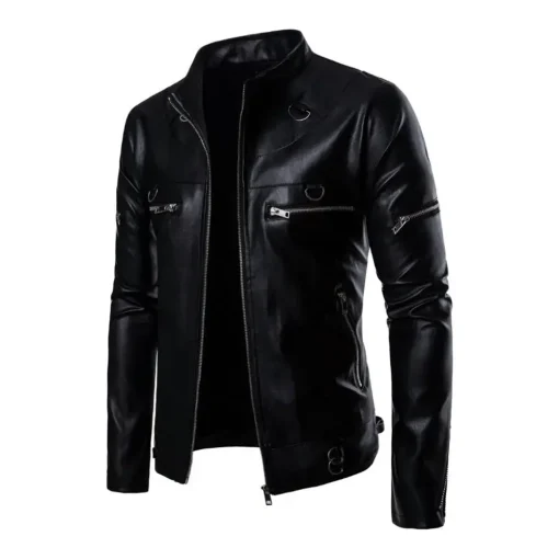 mens-stand-collar-black-faux-leather-metal-ring-jacket