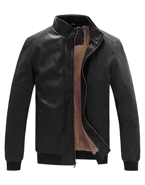 mens-stand-collar-fleece-lined-faux-leather-black-bomber-jacket