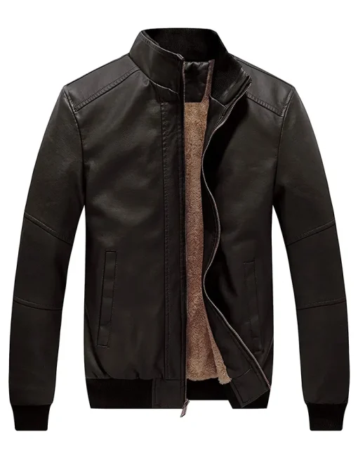 mens-stand-collar-fleece-lined-faux-leather-dark-brown-bomber-jacket