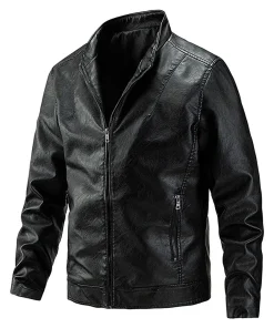 mens-stand-collar-zipper-down-black-faux-leather-jacket