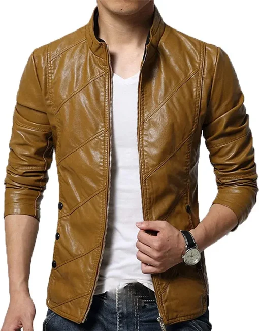 mens-stylish-slim-fit-stand-collar-brown-faux-leather-jacket