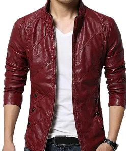 mens-stylish-slim-fit-stand-collar-maroon-faux-leather-jacket