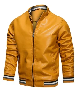 mens-yellow-faux-leather-bomber-jacket