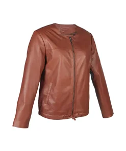 womens-brown-faux-leather-collarless-biker-jacket
